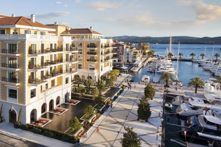 Aerial view of hotel and marina